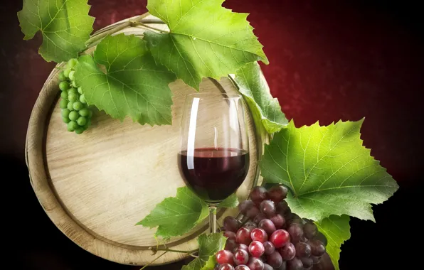 Picture leaves, background, wine, glass, grapes, barrel