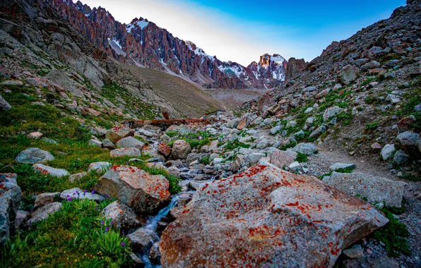 Picture mountains, stream, stones, Kyrgyzstan