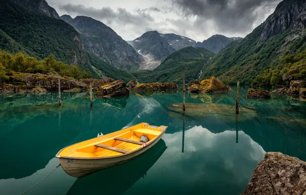 Picture landscape, mountains, nature, lake, boat, Александр Безмолитвенный