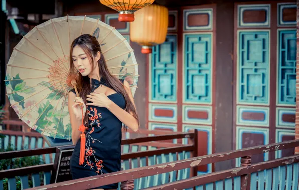 Picture girl, umbrella, dress, Asian