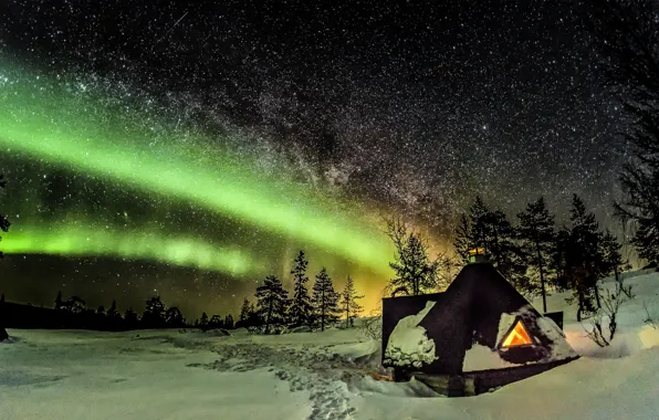 Picture House, Sky, Stars, Wood, Winter, Night, Snow, Trees, Polar Light, Finnland