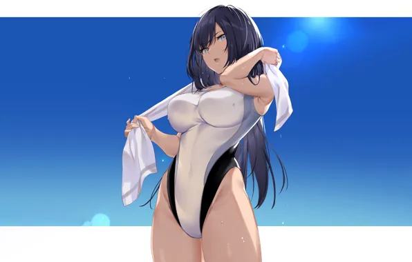 Picture girl, sexy, sky, long hair, boobs, anime, beautiful, pretty, brunette, erotic, swimsuit, breasts, attractive, handsome
