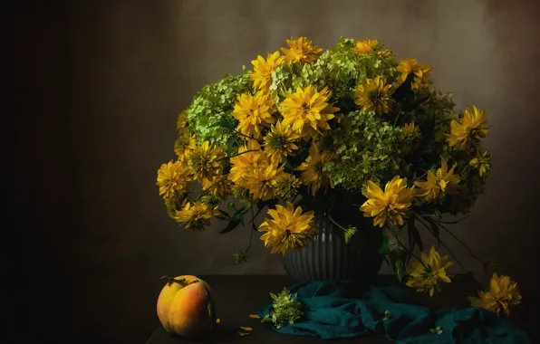 Picture flowers, table, bouquet, yellow, fabric, vase, still life, peach, rudbeckia, Golden balls