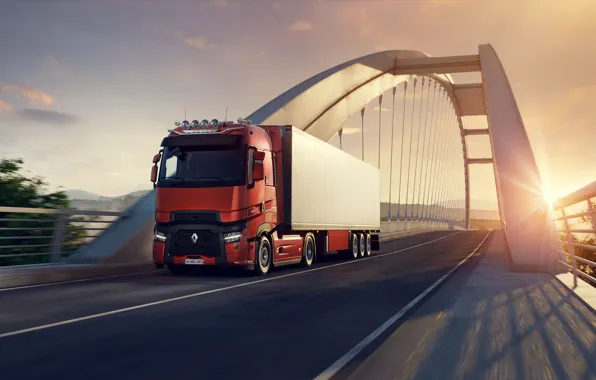 Picture bridge, sunset, euro truck simulator 2, 2021, Renault Trucks, T-High 520