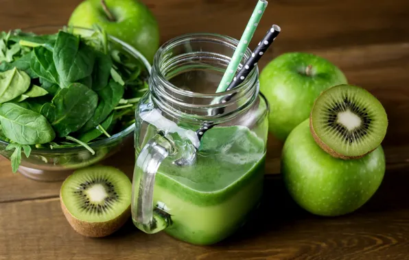 Picture greens, leaves, apples, Board, food, kiwi, juice, mug, drink, bowl, fruit, tube, smoothies, spinach