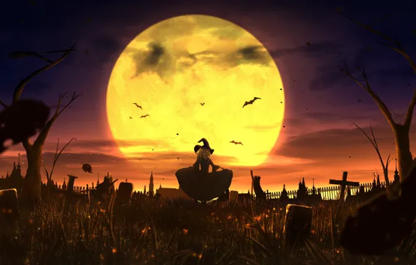 Picture night, the moon, cemetery, witch, black cats, latomie mouse