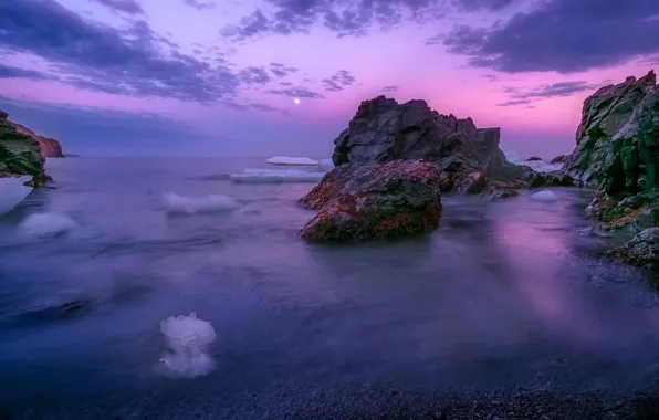 Picture sea, purple, sunset, rocks