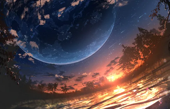 Picture the sky, water, sunset, planet, fantasy