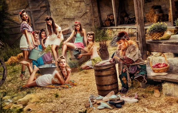 Picture girls, barefoot, yard, fantasy, beautiful, photoshoot, a lot of girls, leprechaun, ирина скрипник