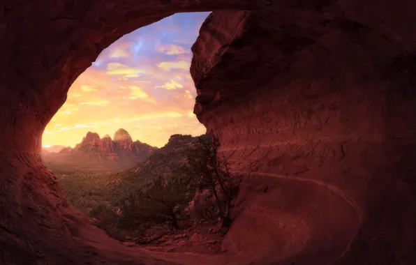 Picture sunset, view, canyon, cave
