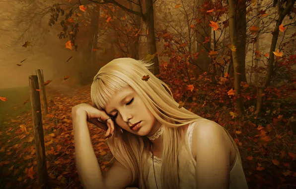Picture autumn, forest, leaves, girl, mood, portrait, treatment, art