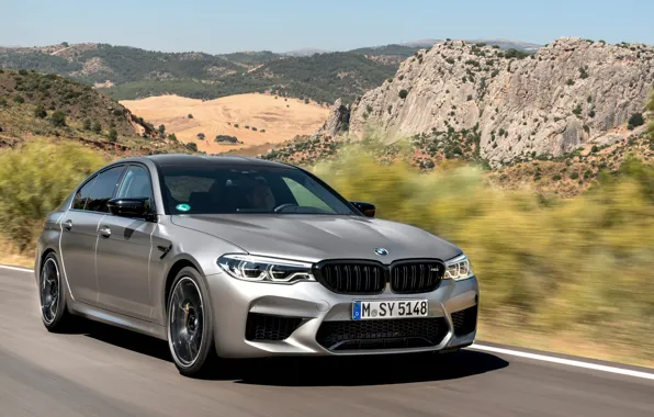 Picture road, mountains, grey, BMW, valley, sedan, 4x4, 2018, four-door, M5, V8, F90, M5 Competition