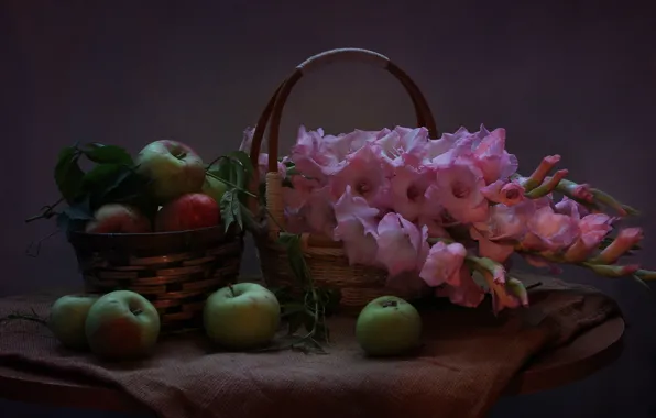 Picture summer, flowers, apples, August, still life, gladiolus