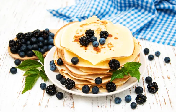 Picture white, berries, table, background, Breakfast, blueberries, plate, BlackBerry, pancakes, Olena Rudo