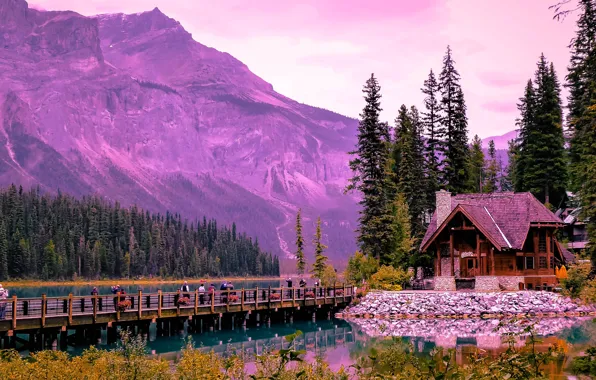 Picture landscape, mountains, bridge, nature, lake, house, Canada, Albert, forest, tourists, Emerald Lake, Emerald