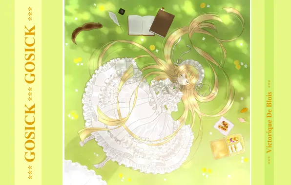 Picture books, sleep, protein, sleeping, girl, sweets, white dress, long hair, on the grass, ruffles, gloves …