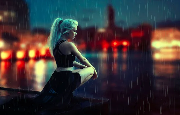 Picture girl, night, rain, mood, squat