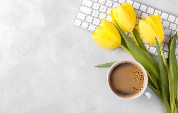 Picture flowers, bouquet, colorful, tulips, yellow, flowers, tulips, coffee cup, bouquet, a Cup of coffee