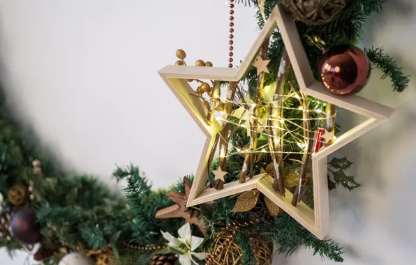 Picture balls, holiday, star, Christmas, New year, needles, Christmas decorations, новогодние декорации