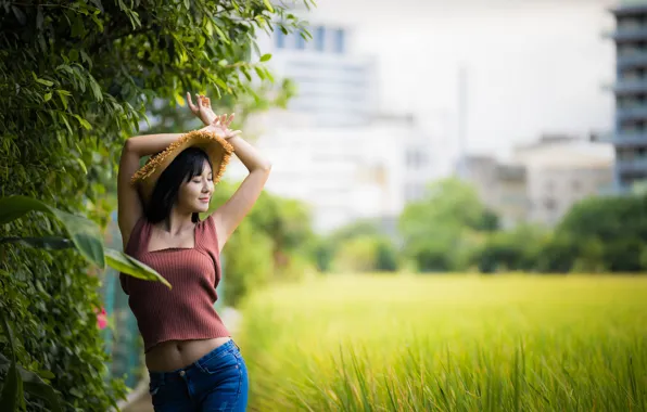 Picture field, branches, tummy, jeans, hat, Mike, brunette, Asian, bokeh