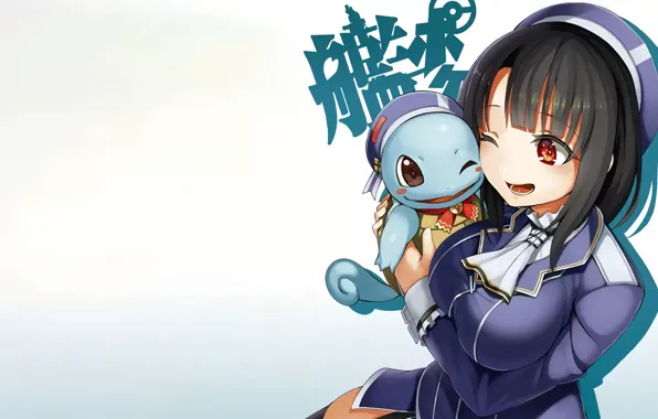 Picture girl, long hair, anime, beautiful, red eyes, pretty, Pokemon, squirtle, attractive, handsome, black hair, Kantai …