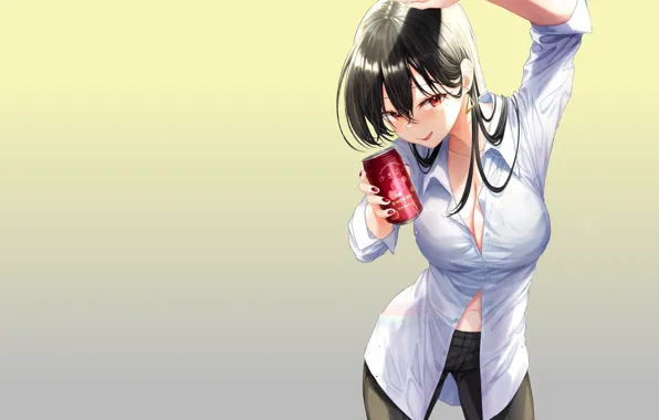 Picture red, girl, sexy, Anime, pretty, lady, beer, cute, Cleavage, shy, high, drunk, tight shirt, button …