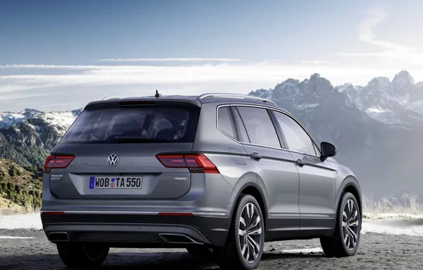 Picture mountains, grey, Volkswagen, rear view, Tiguan