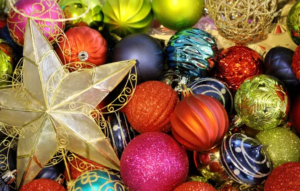 Picture winter, balls, holiday, balls, star, Christmas, New year, colorful, a lot, different, Christmas decorations, Christmas …
