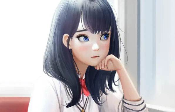 Picture face, hand, schoolgirl, blue eyes, window, bangs, in a cafe, thoughtful girl, at the table