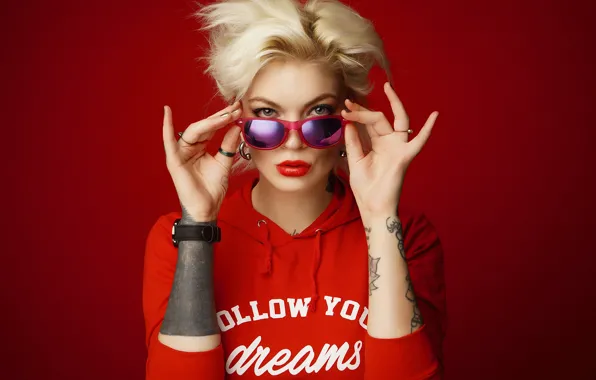 Picture look, face, style, model, hands, tattoo, glasses, blonde, red background, Nikolay Khvatov, Immortal Youth