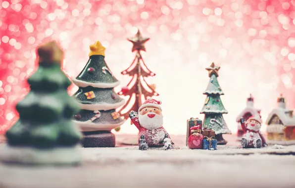 Picture toys, Christmas, gifts, New year, Santa Claus, bokeh, Christmas decorations, Christmas trees