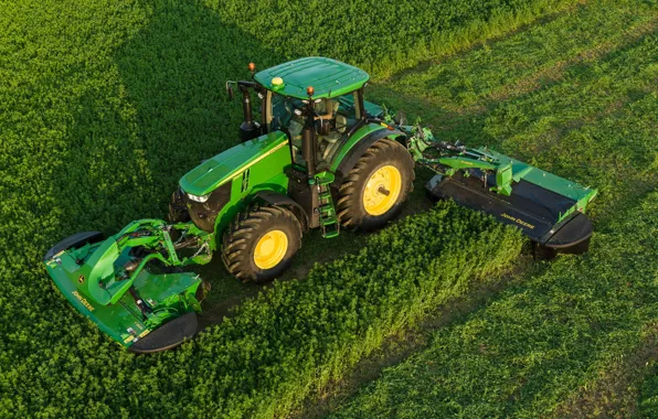 Picture grass, work, tractor, cabin, wheel, John Deere, lawn mower, agricultural machinery, green tractor, John Deere …