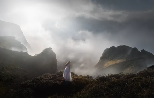 Picture look, girl, clouds, mountains, pose, fog, open, mood, rocks, romance, back, height, haze, white dress, …
