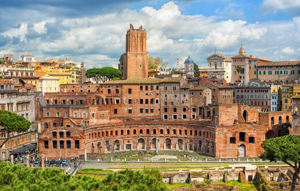 Picture the sky, the sun, clouds, trees, the city, building, home, Rome, Italy, architecture, Trajans Market