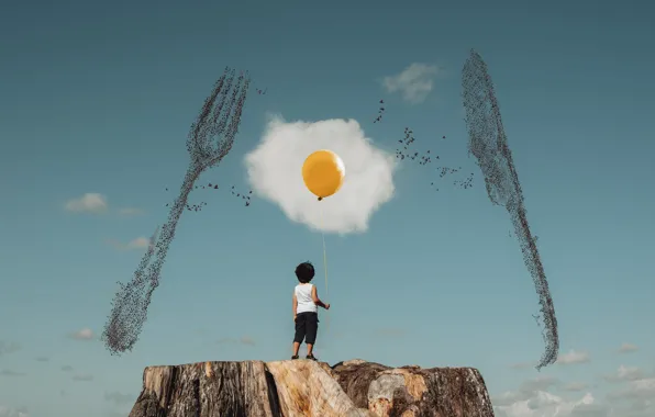 Picture the sky, clouds, birds, yellow, rendering, fantasy, heaven, back, egg, food, child, stump, pack, boy, …