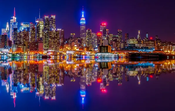 Picture reflection, river, building, home, New York, night city, Manhattan, skyscrapers, Manhattan, New York City, Hudson …