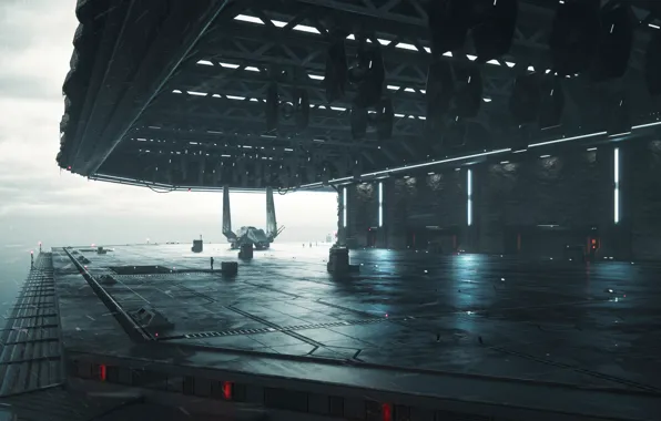 Picture rain, the ocean, fighters, Shuttle, concept art, Obi-WAN Kenobi, the landing platform, by Alex Nice, …