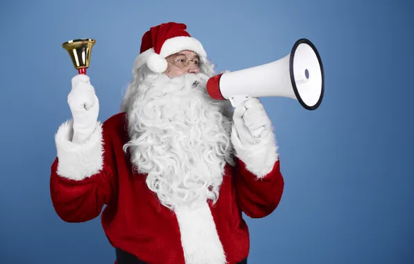 Picture Christmas, New year, Santa Claus, Santa Claus, bell, blue background, loudspeaker, mouthpiece