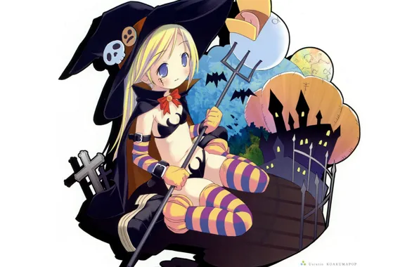 Picture castle, crosses, Trident, Halloween, gloves, bats, Alice, striped stockings, black cloak, witch hat, witch, sitting …