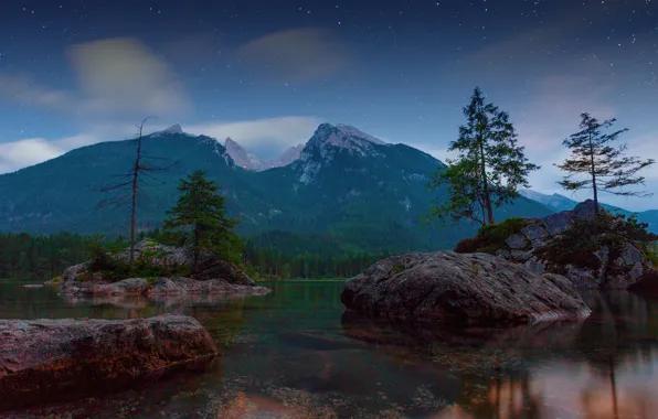 Picture forest, night, lake, stones, shore, Germany, ate, Bayern, pond