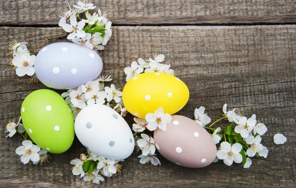 Picture flowers, eggs, colorful, Easter, happy, wood, blossom, flowers, spring, Easter, eggs, decoration