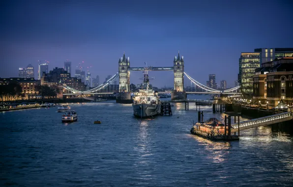 Picture bridge, lights, river, England, London, ships, Thames, Tower bridge