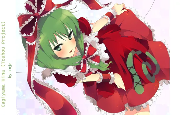 Picture green hair, Kagiyama Hina, looking up, red bow, Touhou Project, Project East, by Enje