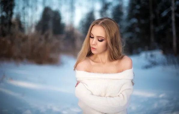 Picture winter, snow, trees, background, model, portrait, makeup, hairstyle, beauty, in white, nature, posing, bokeh, Rus, …
