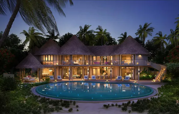 Picture palm trees, Villa, the evening, pool, The Maldives, resort, Maldives, Resort Nautilus