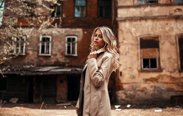 Picture look, background, model, portrait, makeup, hairstyle, blonde, is, cloak, abandoned house, posing, bokeh, Egor Konabevtsev