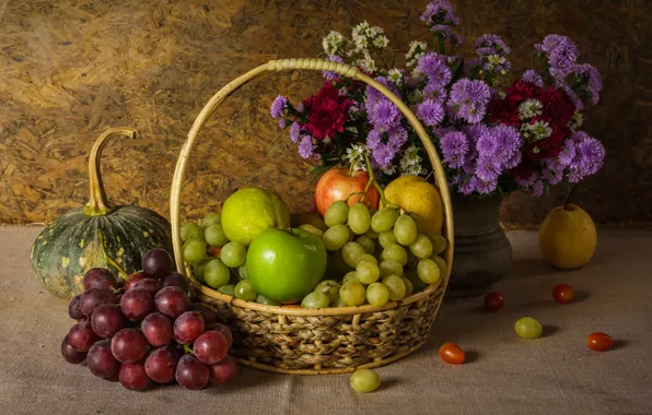 Picture flowers, apples, bouquet, grapes, pumpkin, fruit, still life, vegetables, pear, flowers, fruit, grapes, still life, …