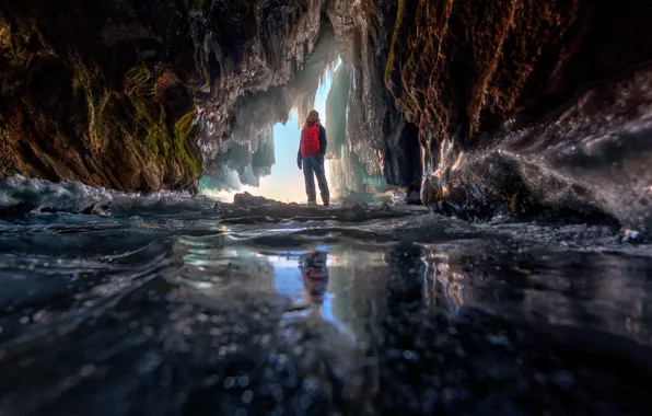 Picture ice, winter, lake, woman, Baikal, the grotto, Eduard Gordeev