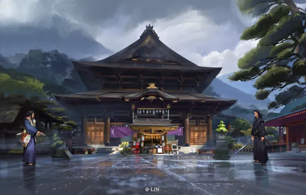 Picture Japan, area, temple, duel, Japan, katana, samurai, samurai, cloudy sky, by lin-a