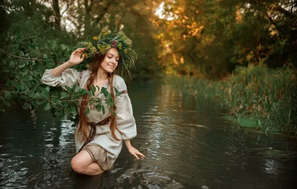 Picture summer, look, water, girl, nature, pose, river, wreath, Albert Forest